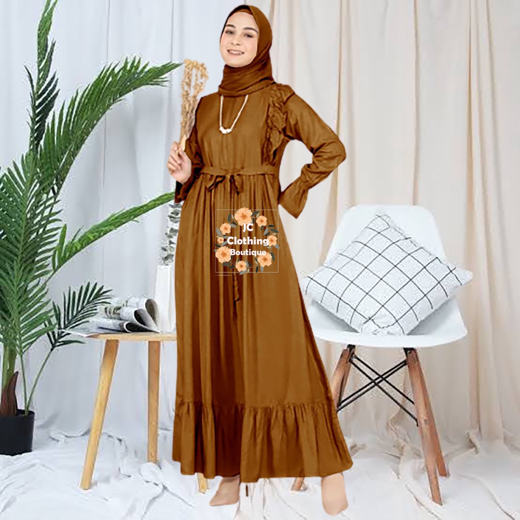 Gamis Remaja Terbaru Daily Ruffle Rayon Polos Premium Mewah Jumbo Busui Sleting Depan Crinkle Rempel Lengan JCCollections Gamis Kekinian 2022