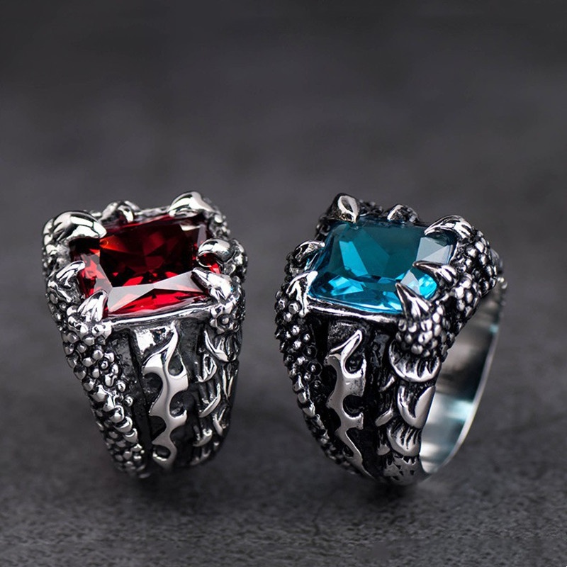 Cincin Logam Batu Permata Cakar Naga Fashion Pria