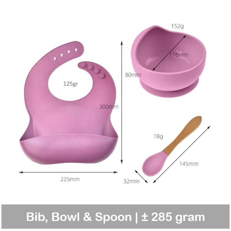 LIGERA Premium 3 Pcs Silicone Feeding Set Bayi Mangkok Makan (Suction Bowl) + Bib / Slabber Celemek + Sendok BPA FREE Food Grade MPASI