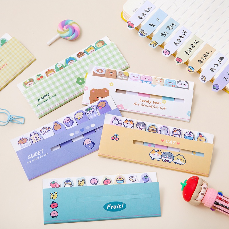 1 Set Stiker Memo Pad Mini Motif Kartun Buah / Bunga Bisa Ditulis Untuk Stationery Kantor