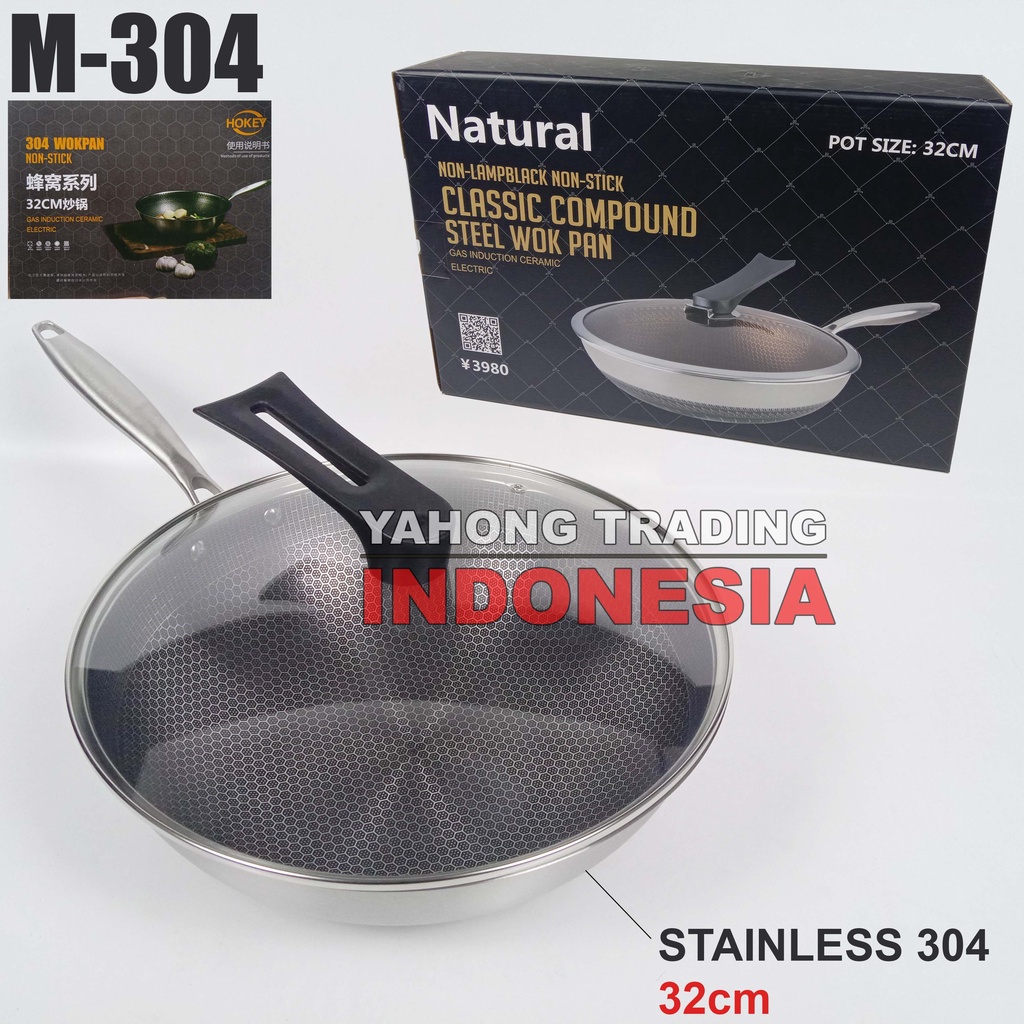 Natural Panci Stainless 304 32cm Classic Compound Steel Wok Pan