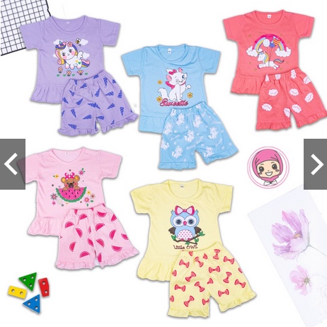 Setelan Ruffle Set Karakter / Setelan Anak Perempuan Gambar Karakter Kartun