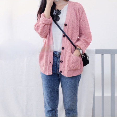 MERISSA Gardigan Cardigan Rajut Tebal Wanita Panjang Jumbo Oversize - Kardigan Cardingan Korea Polos-Pink