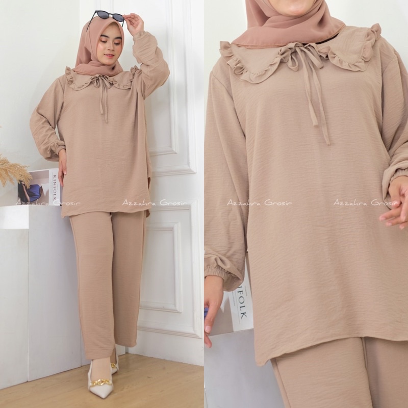 Azzahra Yuki Set Ld112 - SetCel Crinkle Jumbo Bigsize Oversize Kerah Pita tali One Set Setelan Wanita / 358-6889