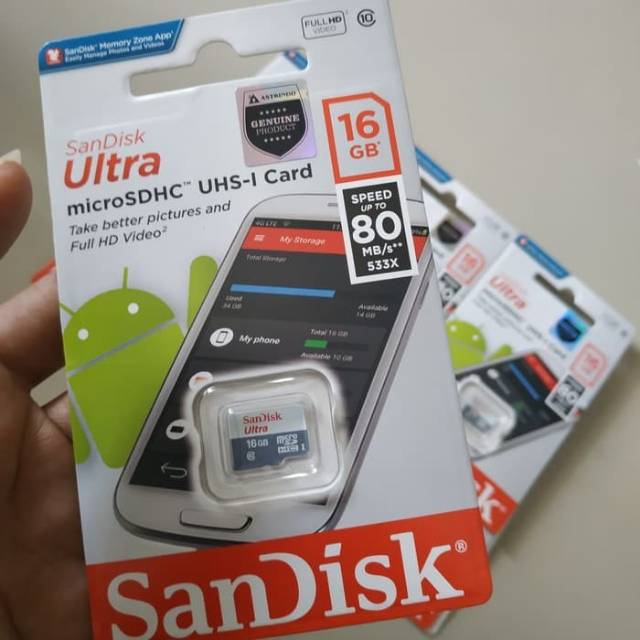 Memori memory sandisk micro sd card cl10 speed 80 mbps16 gb memori hp 16 gb