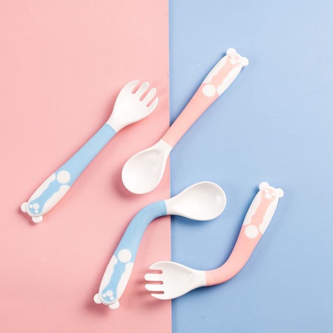 (BC)Sendok Makan Bayi Alat Makan Bayi Set Sendok Garpu Bengkok Bahan Silikon Safety Spoon Baby