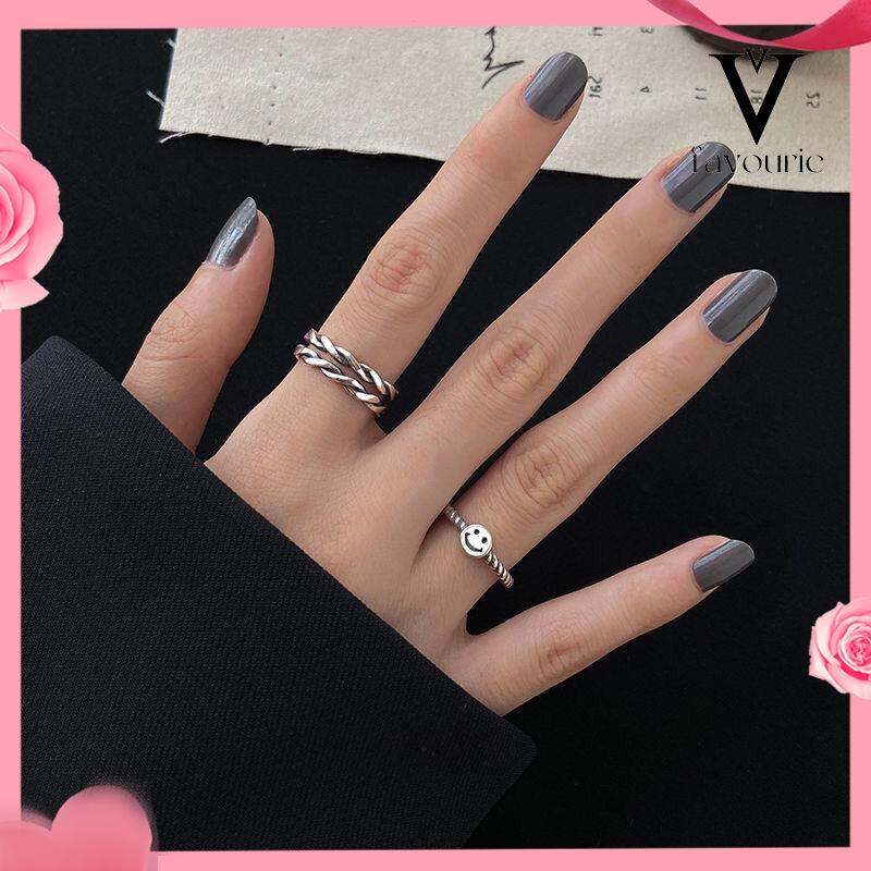 [COD]2 PCS Retro Smiley Cincin Wanita Fashion Kepribadian Pembukaan Cincin Dapat Disesuaikan-FA