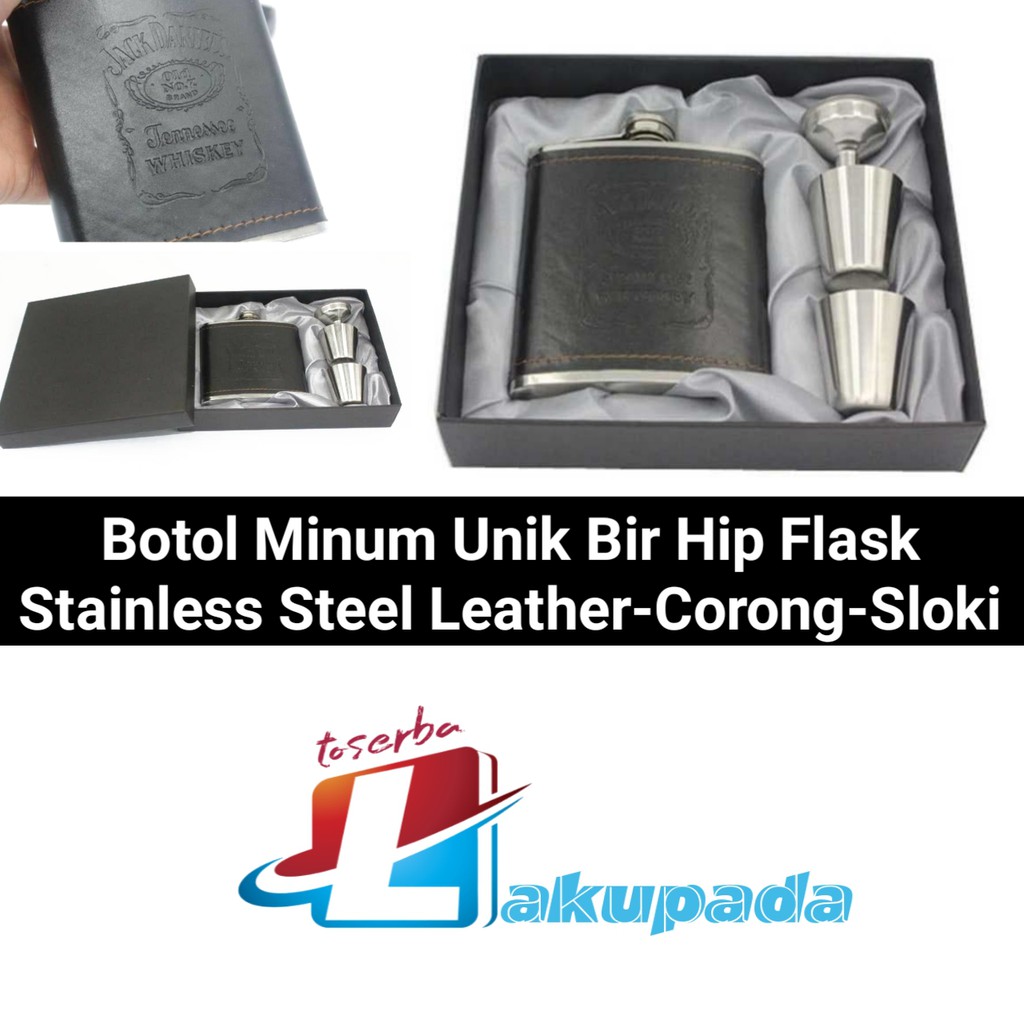 Botol Minum Unik Wine Bir Hip Flask Stainless Steel With Leather Corong Sloki