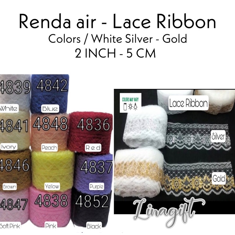 ( Meter ) LACE RIBBON - PITA RENDA AIR GOLD SILVER 2IN 50MM 5CM PINK CREAM WHITE HIASAN KADO BUKET BUNGA FLOWER BOUQUET