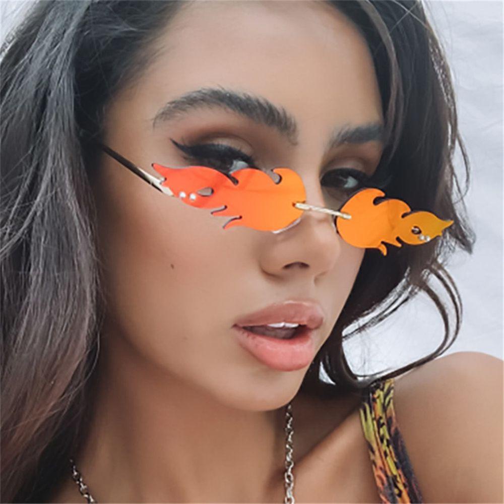 R-flower Fashion Flame Sunglasses Trendy Streetwear Kacamata Pesta Tanpa Bingkai Berbentuk Api