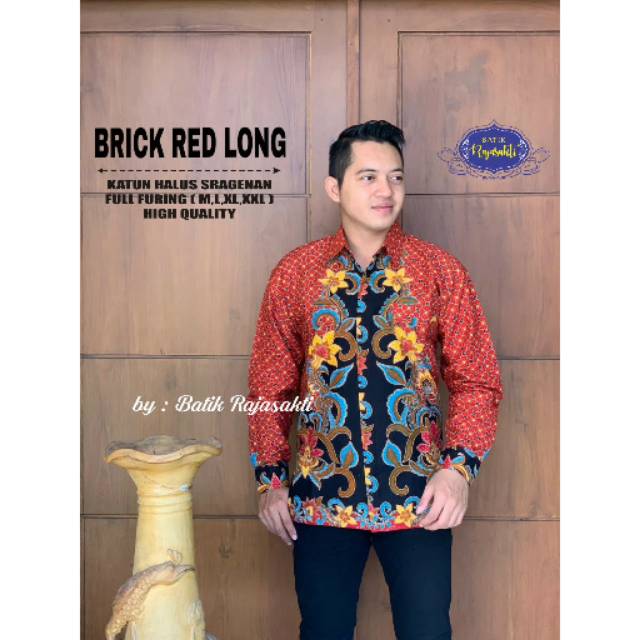 Batik Solo GAGAH MERAH BATA Panjang Kemeja Pria Katun Halus Sragenan Full Furing