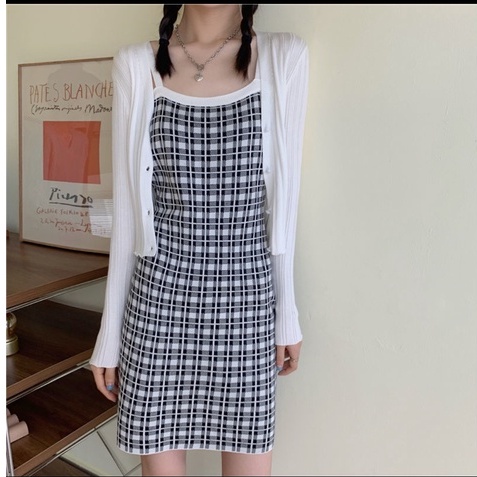 Slim Fit Plaid knitted Mini Dress  (Without Cardigan) 2178