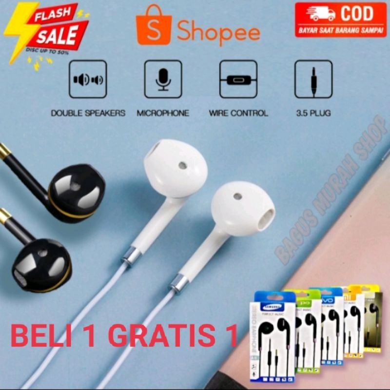 EARPHONE SAMSUNG OPPO VIVO XIAOMI REALME HEADSET HEDSET HANDSFREE EARPHONE STEREO MEGA BASS + MIC