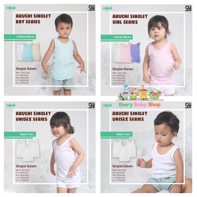 3 pcs VELVET JUNIOR / ARUCHI Singlet Polos / Warna Boy Girl - Kaos Dalam Bayi Lengan Kutung Halus Lembut Murah SNI