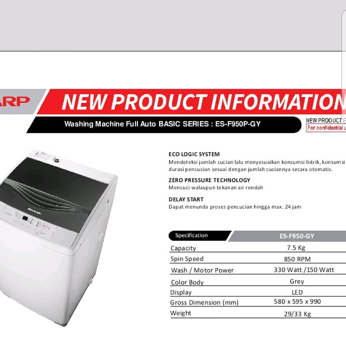 Sharp ES-F950P-GY Mesin Cuci Top Loading 7.5 Kg ESF950 Otomatis