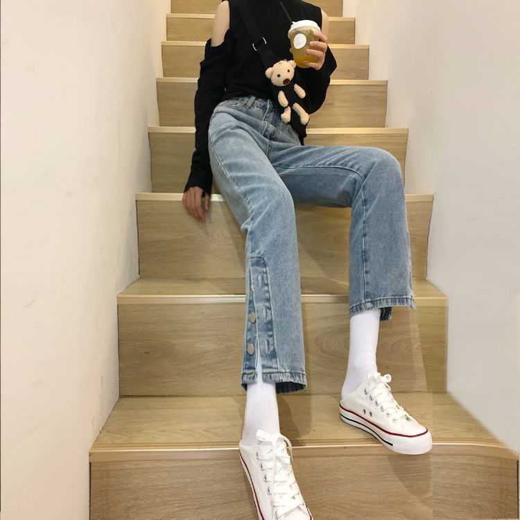 Celana Panjang Korean Stye Celana Fashion Style Ins Retro Pinggang Longgar Split Jeans Lurus Celana Panjang