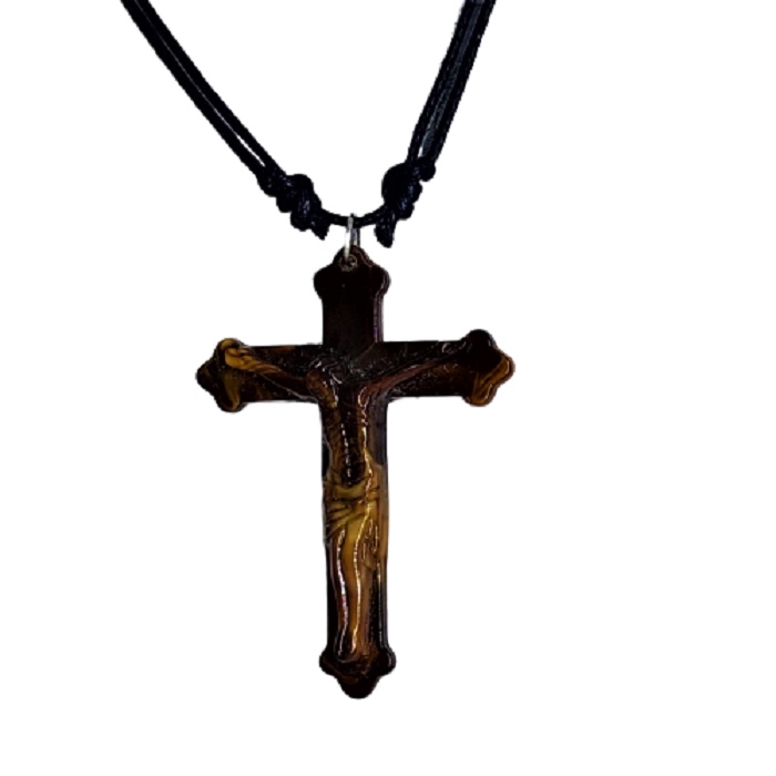 Kalung Salib Yesus 2 Sisi Tali Kulit Hitam Bahan Resin Aksesoris Fashion Cewek Cowok Kekinian Rohani Katolik