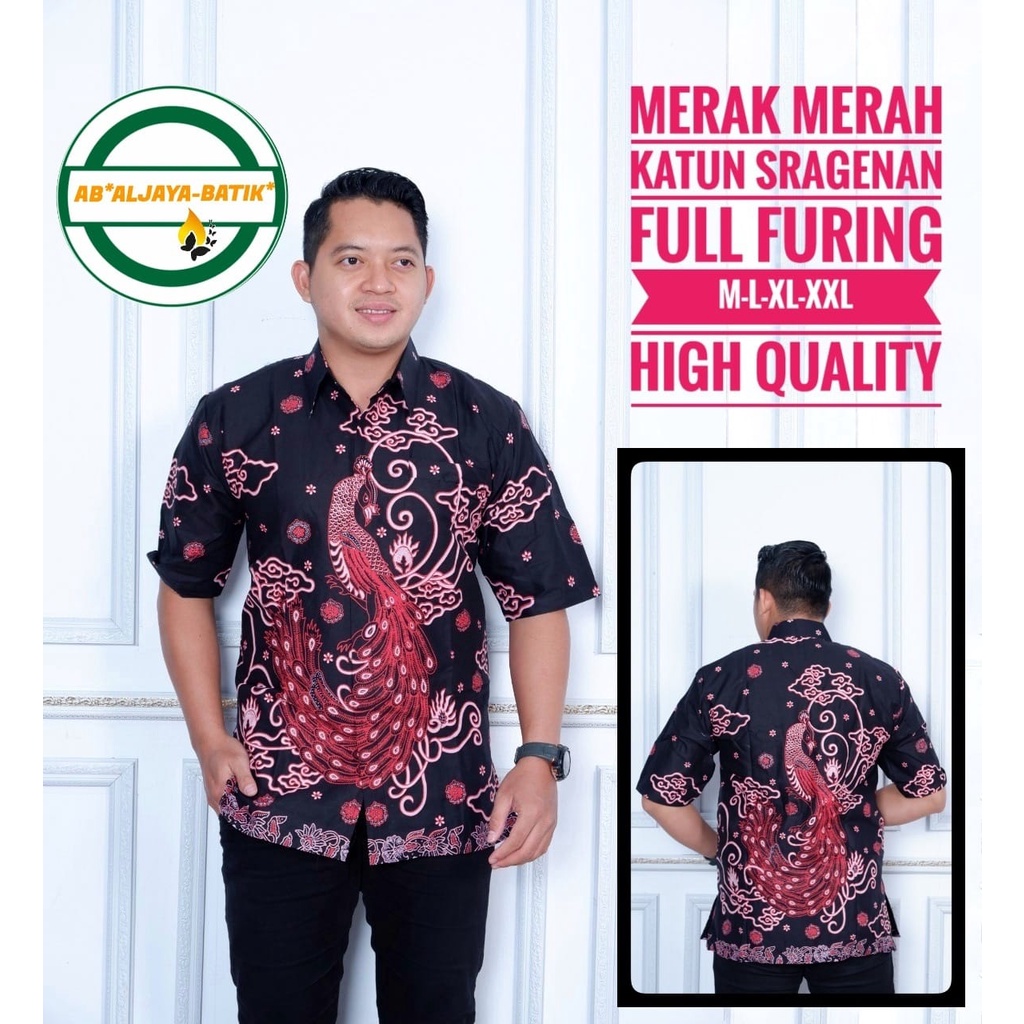 MERAK MERAH PDK Kemeja Batik Solo Pria Lapis Furing PREMIUM EKSLUSIF Lengan PENDEK BATIK SOLO ALJAYA ORI