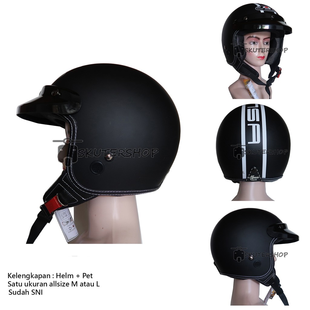 Helm Bogo Retro JPN Klasik Jap Style Monsa 2 Ultimate 04 Hitam Doff Motif Putih Cargloss + Pet Topi