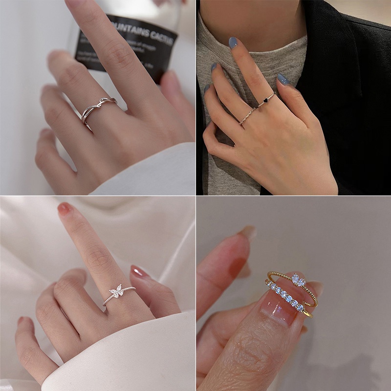 Cincin Titanium Emas Perak Kristal Berlian Bentuk Hati Mutiara Hollow Tipis Cincin Korea Anti Karat Asli Adjustable Untuk Wanita