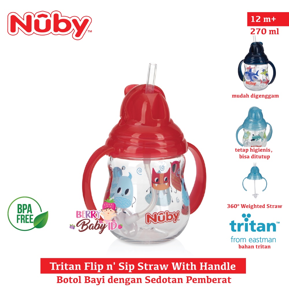 Nuby Tritan Flip n' Sip Straw Training Cup Botol Minum Sedotan Bayi Berry Mart