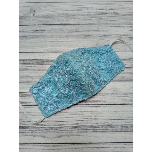 Masker kain bruklat premium baby blue brokat brukat broklat brocade tulle tile bordir model telinga 