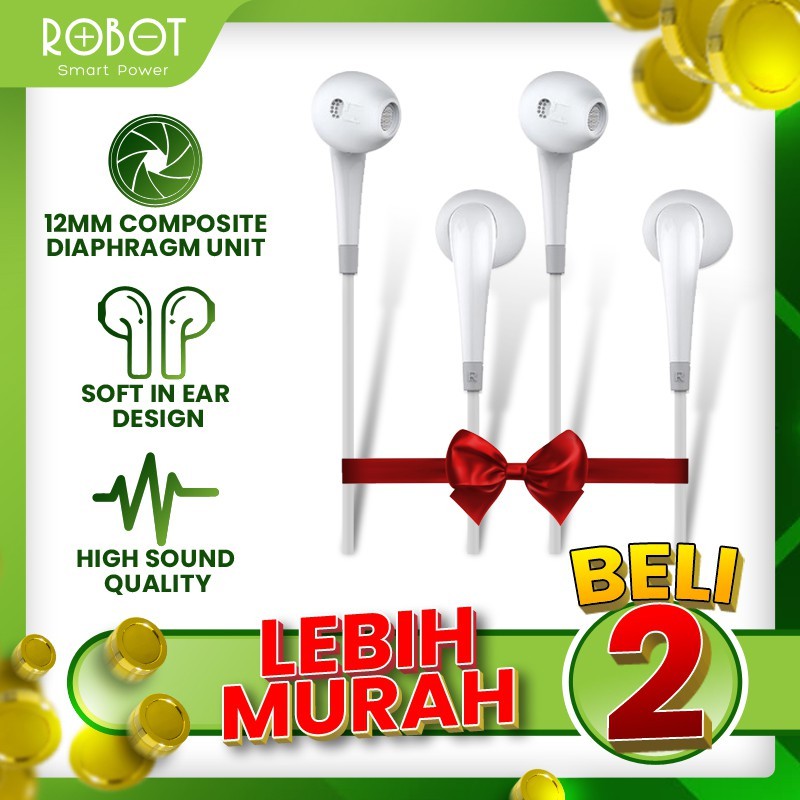 Headset Robot RE701 Wired Headset Wired Earphone Bass Android iPhone Original - Garansi 1 Tahun-RE701 White 2 Pcs
