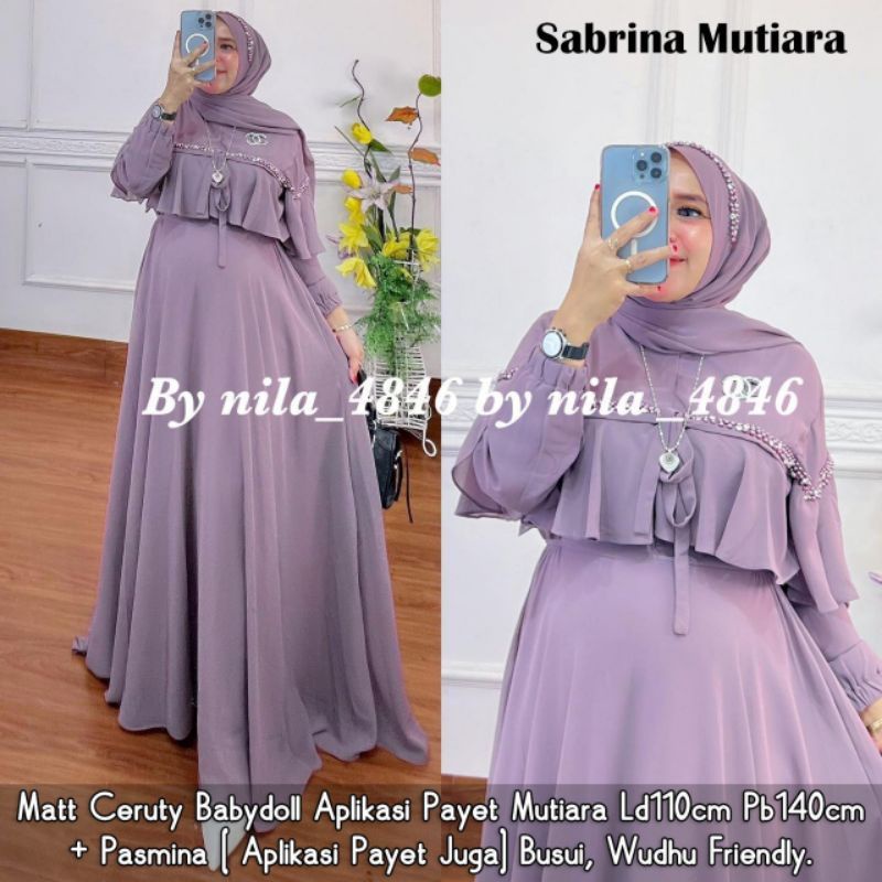 Adikta Dress syari pasmina /Gamis Ceruti Bebydoll Terbaru Aksen Mutiara Full Puring / Fhasion