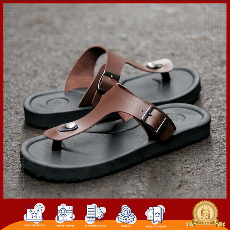 SPJ x GHIMLI - Sandal Jepit Pria Kasual Bahan Kulit Empuk Kualitas Premium Warna Hitam Cokelat - Sen