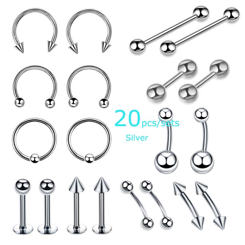 20Pcs / Set Cincin Tindik Tubuh / Lidah / Alis Bahan Stainless Steel 16G