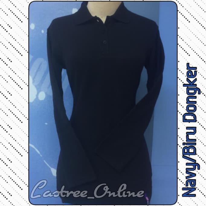 KAOS POLO SHIRT WANITA POLOS KERAH LENGAN PANJANG BIRU DONGKER NAVY