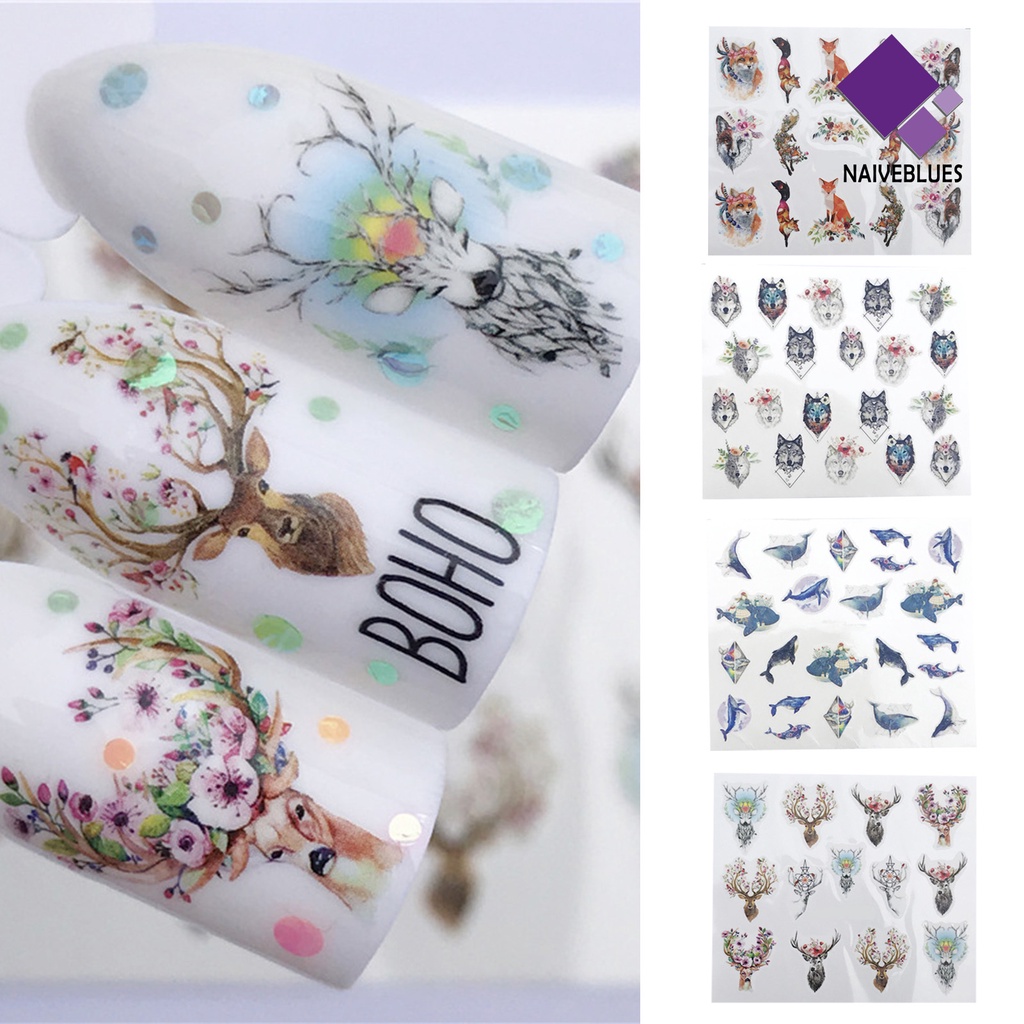 Naiveblue &gt; Stiker Kuku 2D Motif Rusa / Serigala Untuk Dekorasi Nail Art