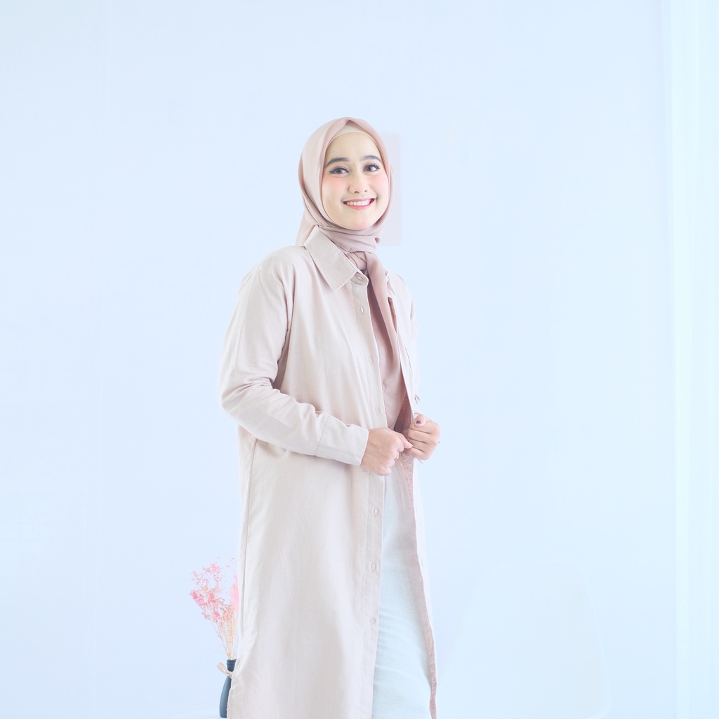 (MGA) TUNIK KEMEJA MIDI SAHLENA OVERSIZE RAMI LINEN  DRESS WANITA