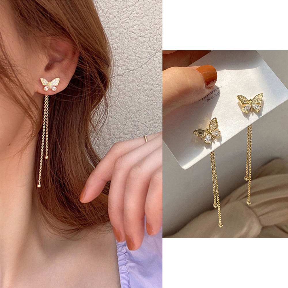 Anting Tassel Butterfly Aksen Kristal Dan Berlian Imitasi Untuk Wanita