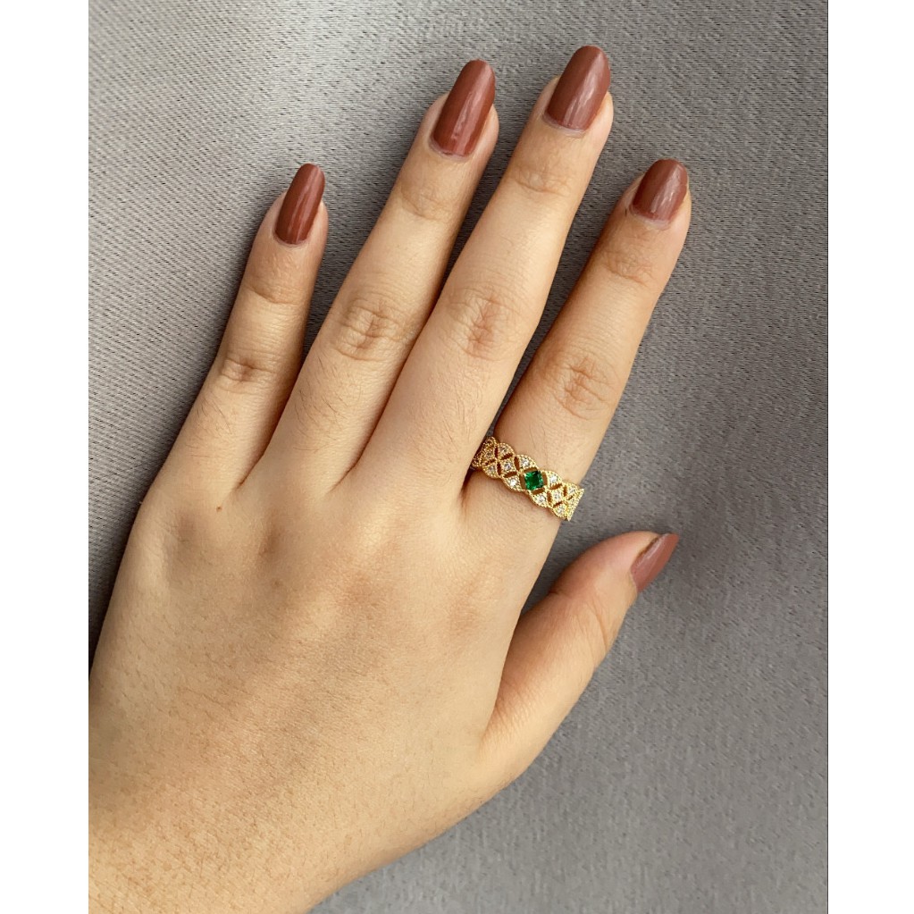 Cincin Korea Gold Plated Sangat cakep elegan CA015 Free Size Open Ring permata hijau