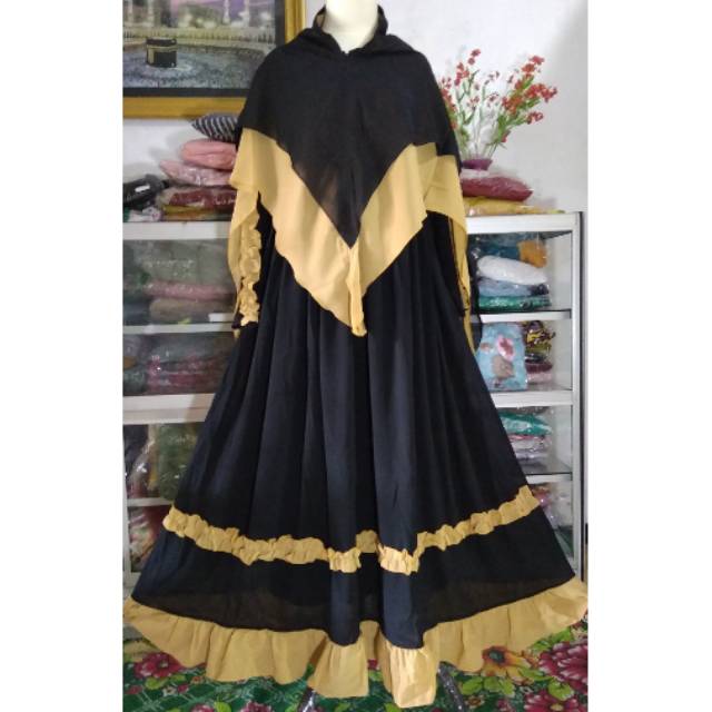 Nikita Syar'i, ceruty mix Jersup,tangan rempel,ld 110-120 pb 140 khimar ceruty 2 warna remepl bwh