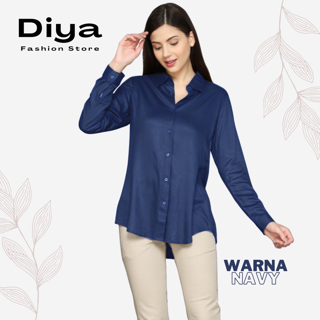 DiyaFashion Blouse Kemeja Wanita Korean Style Lengan Panjang Army Polos-NAVY