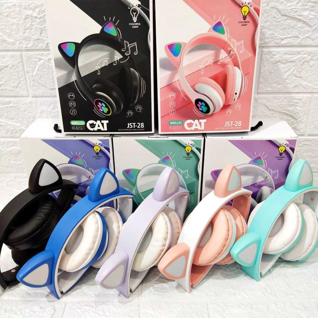 HeadPhone / Headset Kucing - Wireless JST28 Telinga Kucing Lampu