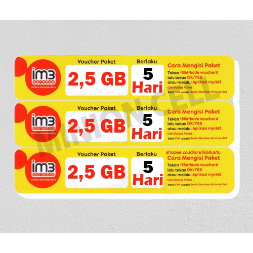 Voucher Data Im3 Kuota Indosat 2,5GB 5 Hari Ori Sumatera ( KIRIM KODE VIA CHAT )