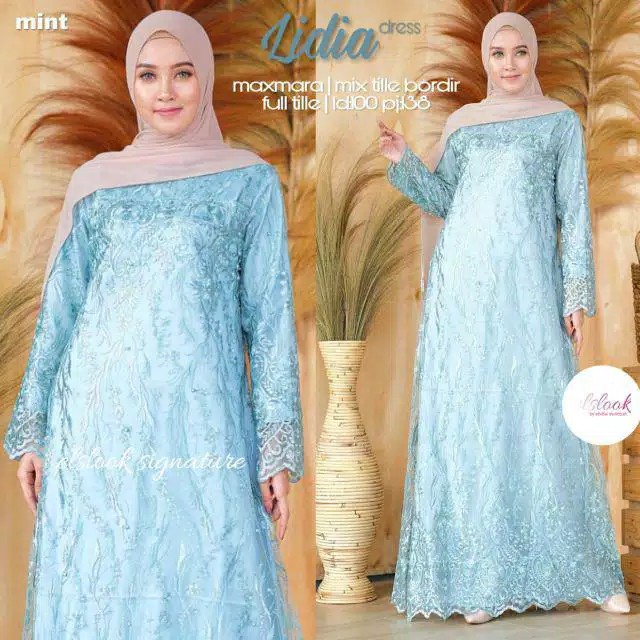 GAMIS BROKAT LIDIA LD 120-125 DRESS WANITA MUSLIM BRUKAT MEMUTAR FULL DEPAN BELAKANG l Full tile mut