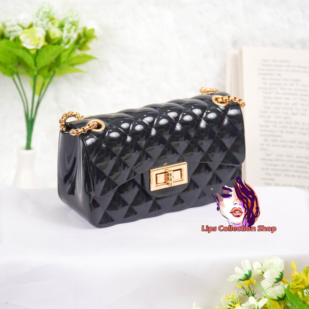 Tas Jelly Glossy Size 18 Cm Rantai Gold &amp; Hitam