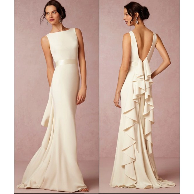 Wedding Gown Boat neck backless plain soft satin simple wedding dress bridal gown 2021