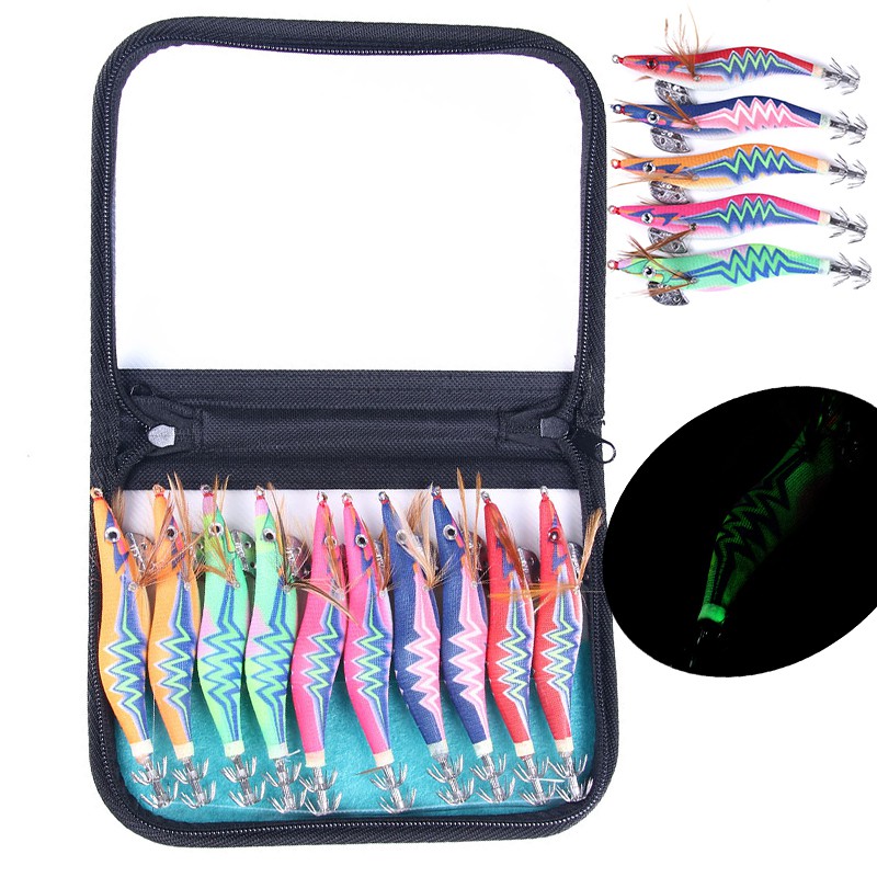 HENGJIA 10Pcs/Bag Luminous Shrimp Fishing Lures Umpan Pancing Bentuk Cumi-cumi Udang 2.5 # 3.0# 3.5# dengan Kail Jig