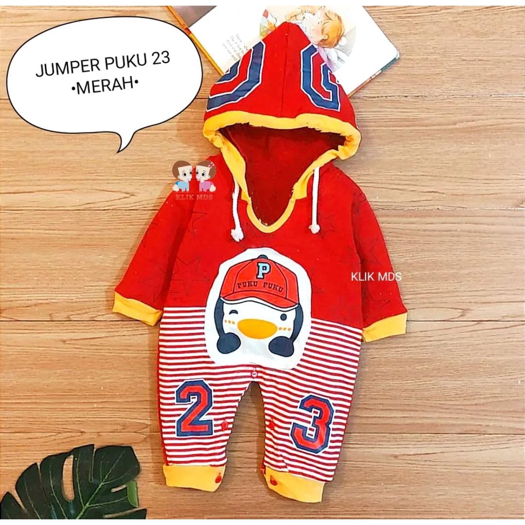 Jumper Bayi Laki-Laki Bodysuit Hoodie Allsize Usia 3- 9 Bulan Motif Puku 23 Tangan Panjang