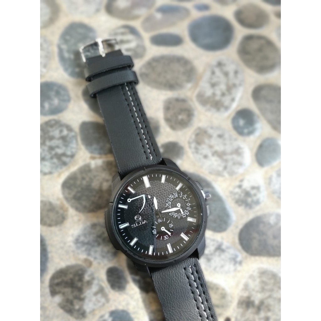 Jam Tangan Pria Garis Pinggir Modis Tali Kulit QUARTZ  &amp; Kasual Formal Mewah Pria Olahraga Kedap Air