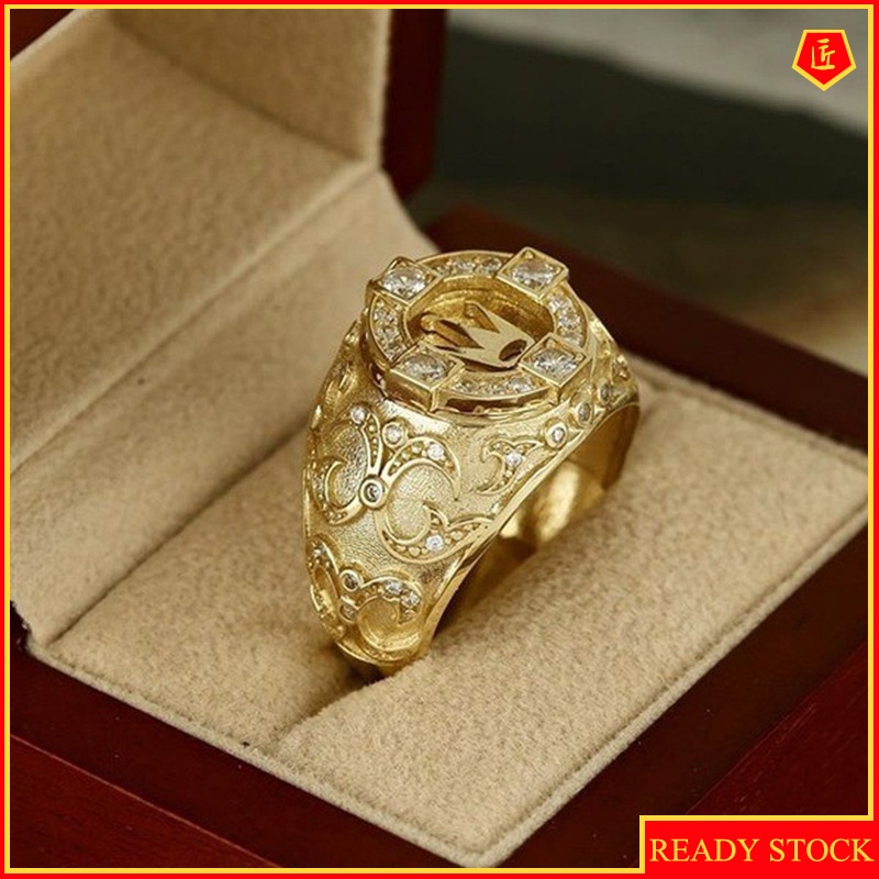 [Ready Stock]18K Gold Crown Ring Vintage Engraving Full Diamond