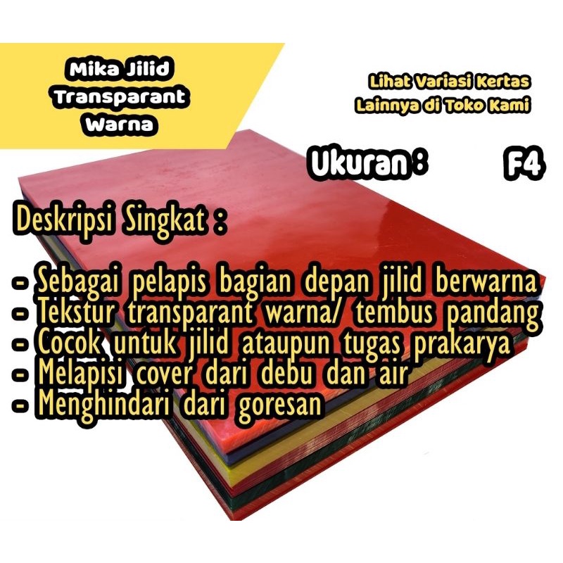 

Plastik Mika Jilid Transparant Warna F4 Mika Film Transparant Warna Dengan Ketebalan 0,8 mm [ISI 5 PLASTIK]