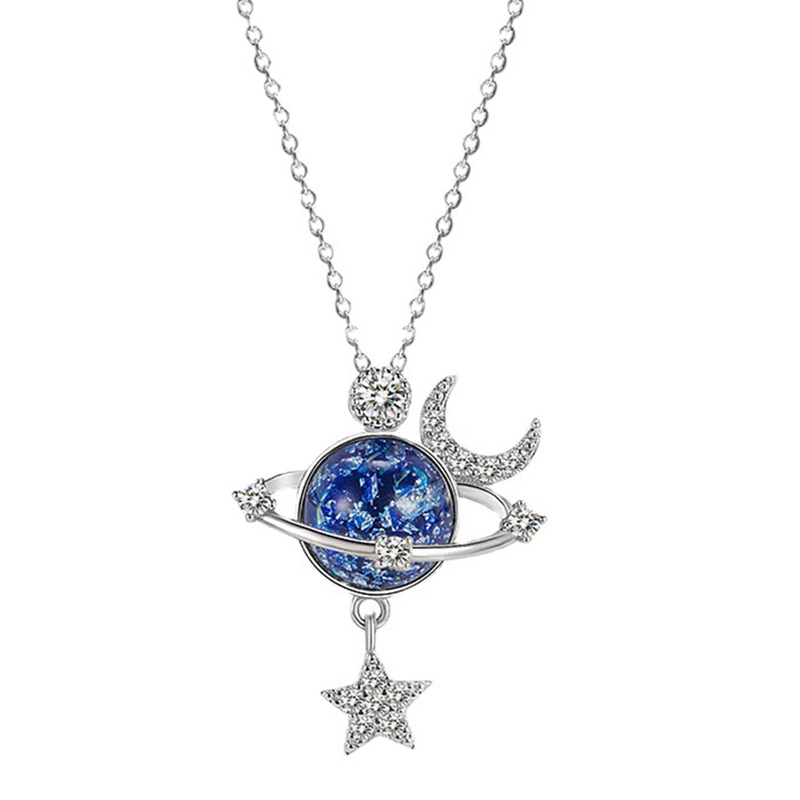 Fancyqube Kalung Sterling Silver 925 Hias Liontin Kristal Zirconia Bentuk Bulan Bintang Planet Biru Untuk Wanita