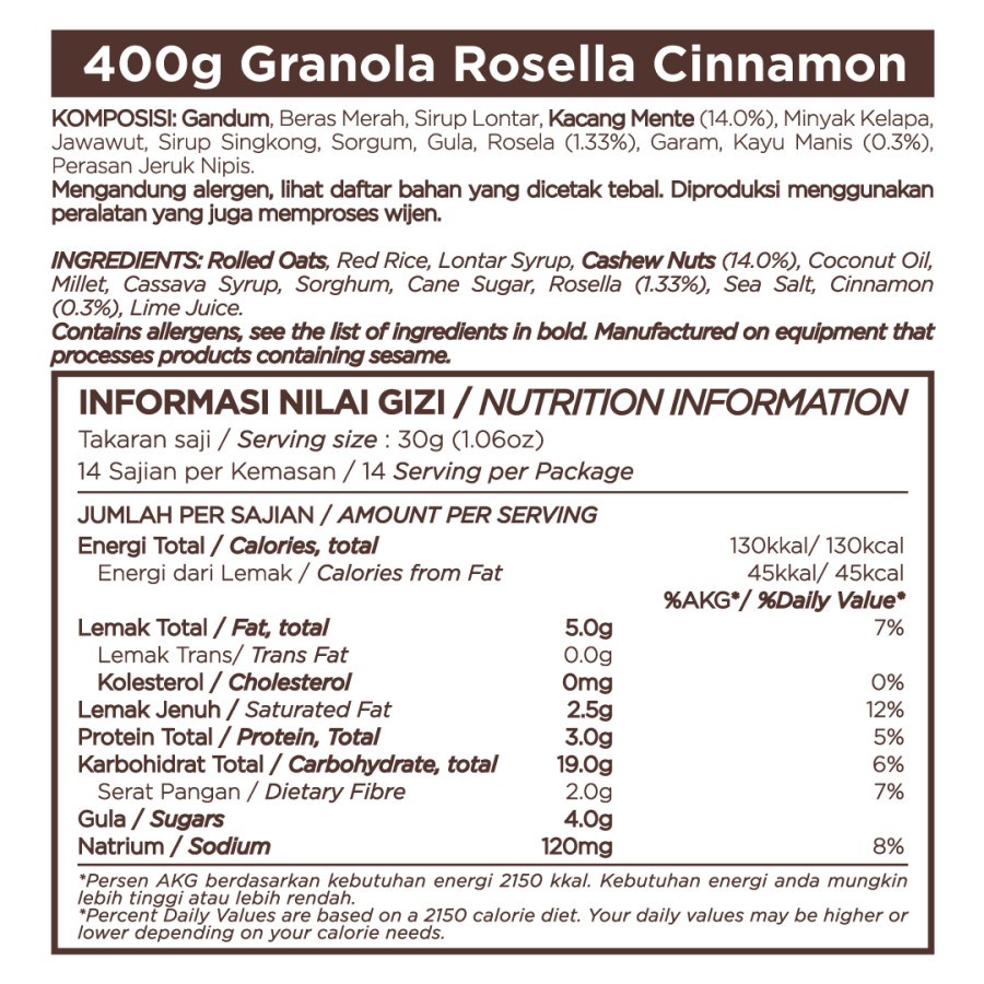 Yava East Bali Cashews Granola Rosella Cinnamon 400gr Oats Sereal Oatmeal Yava