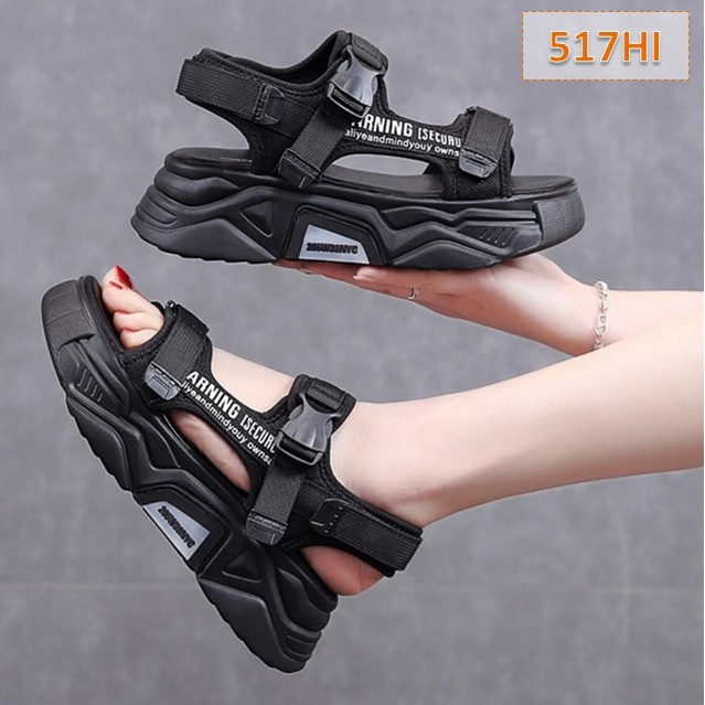 Sandal Gunung Tali Wanita Secure Fahion Kasual Korea Sol Tebal 4 Cm Hitam Putih Ungu Oren (517)